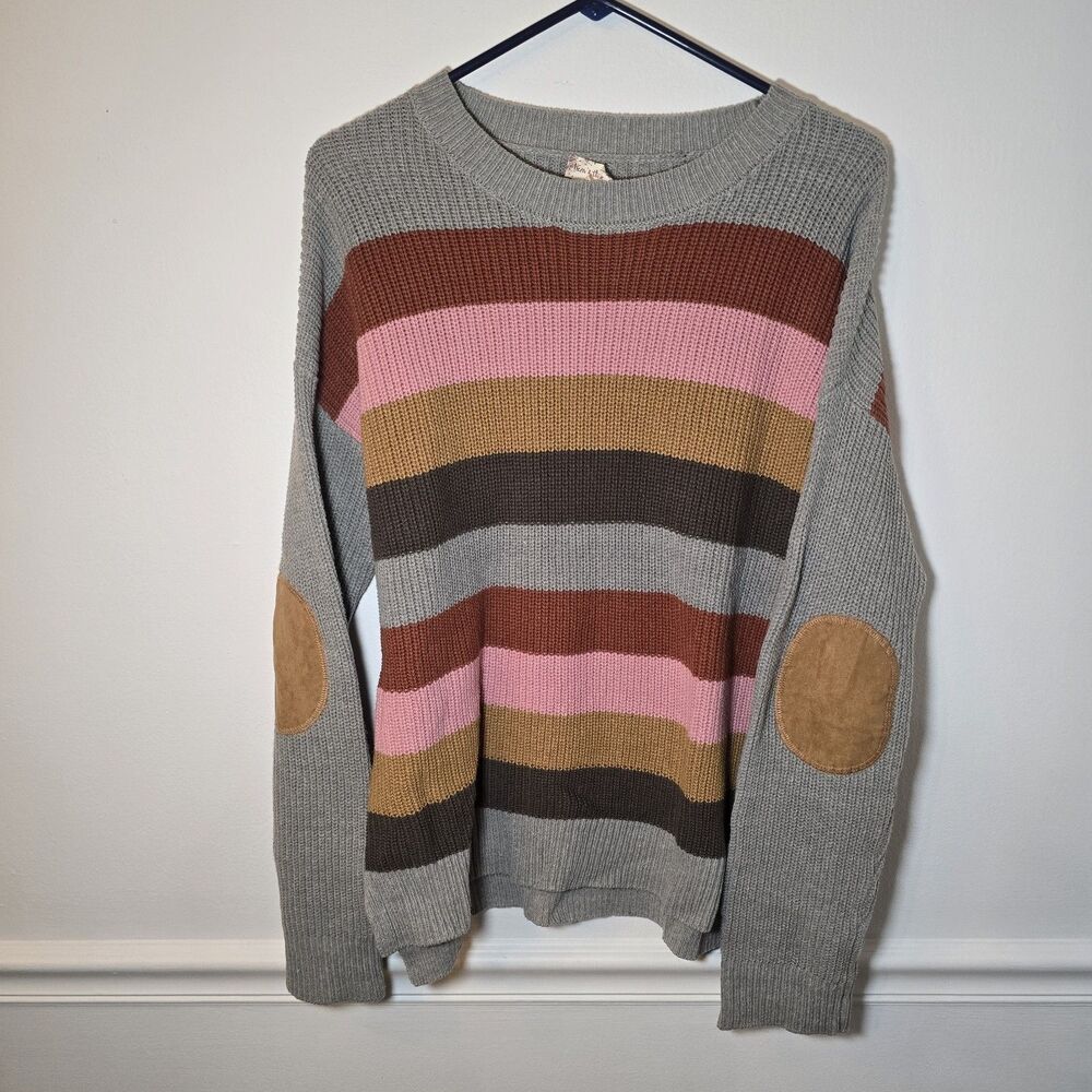 Womens Hem & Thread Color Block Sweater Tan Pink Gray Large Elbow Pads Preppy
